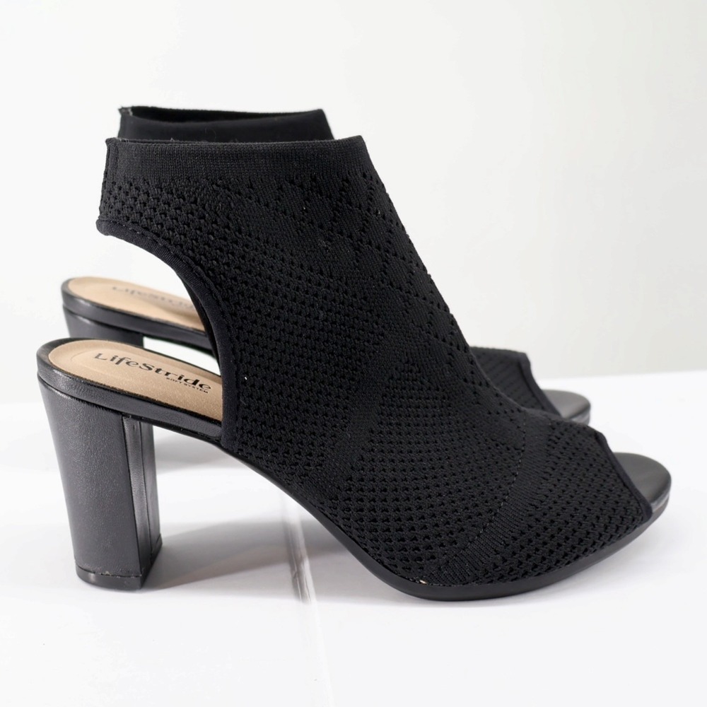 LifeStride Alita Black Woven Knit Peep Toe Slingback Block Heel Sandals NIB 7.5